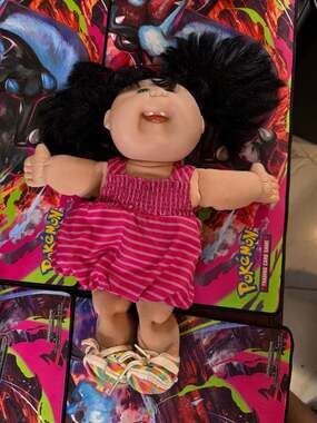 Cabbage Patch Kids 13" Girl Doll Black Piggytails Green Eyes Pink Stripe Romper